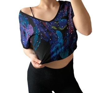 Y2K Trippy Feathers, Bling + Back Cut-out Top